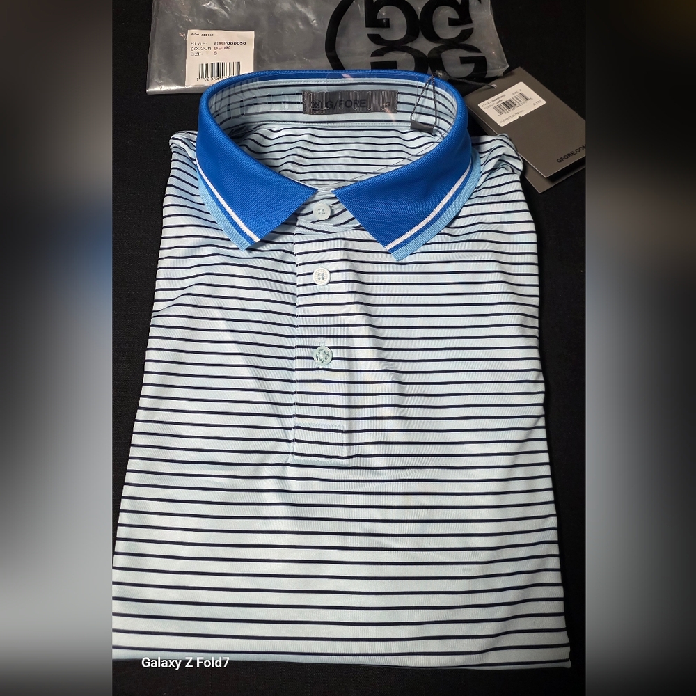 G/FORE Light Blue and Royal Blue Striped Golf Polo